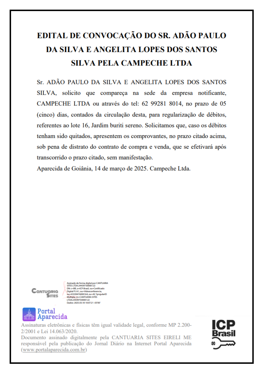 EDITAL DE CONVOCAÇÃO DO SR. ADÃO PAULO DA SILVA E ANGELITA LOPES DOS SANTOS SILVA PELA CAMPECHE LTDA