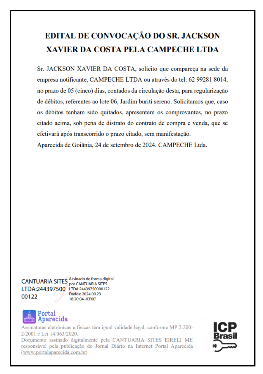 EDITAL DE CONVOCAÇÃO DO SR. JACKSON XAVIER DA COSTA PELA CAMPECHE LTDA