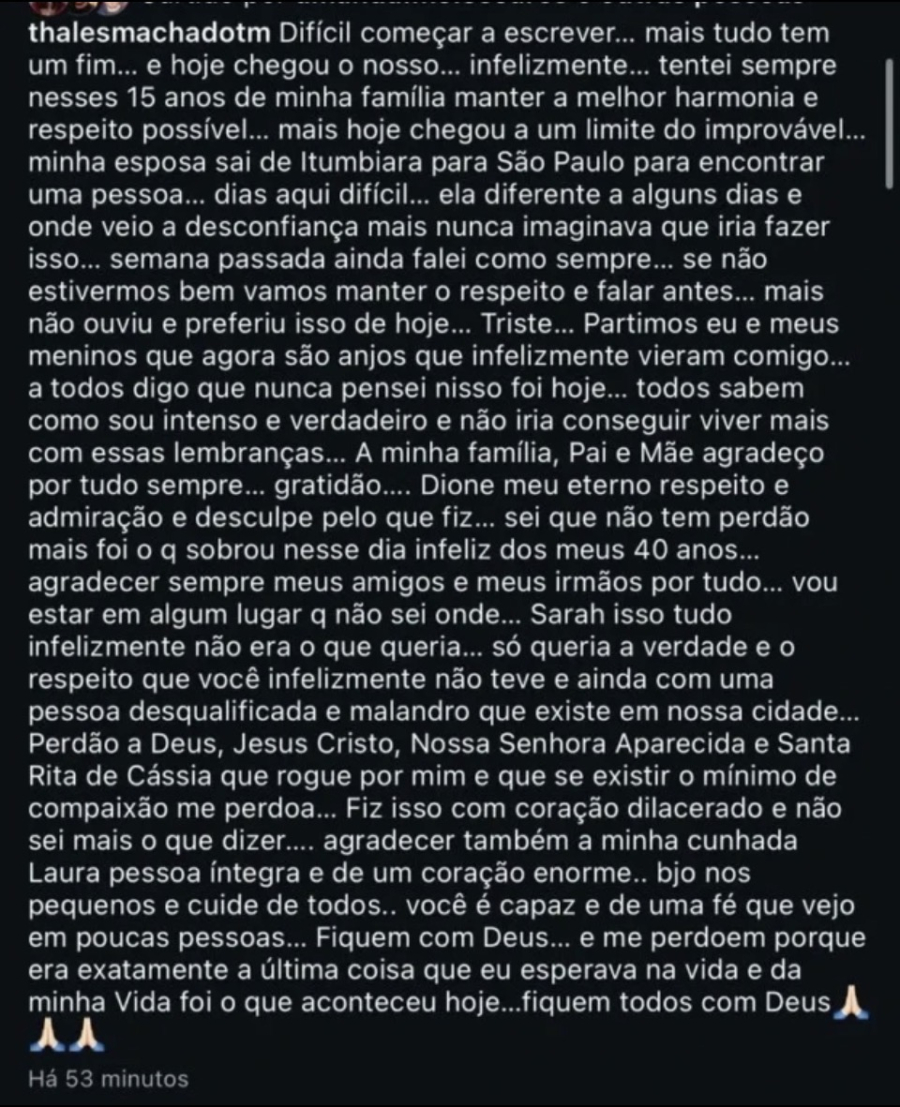 Thales Machado deixa carta antes de matar os filhos e se matar
